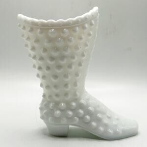 Vintage Fenton Hobnail Milk Glass Ladies Victorian Boot Figurine MCM Excellent